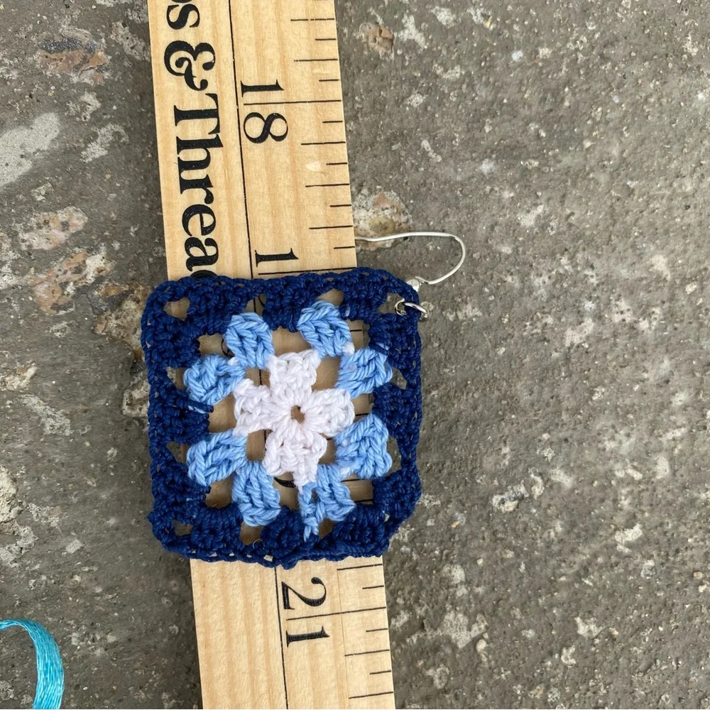 Blue Crochet Granny Square Earrings - Picture 7 of 7